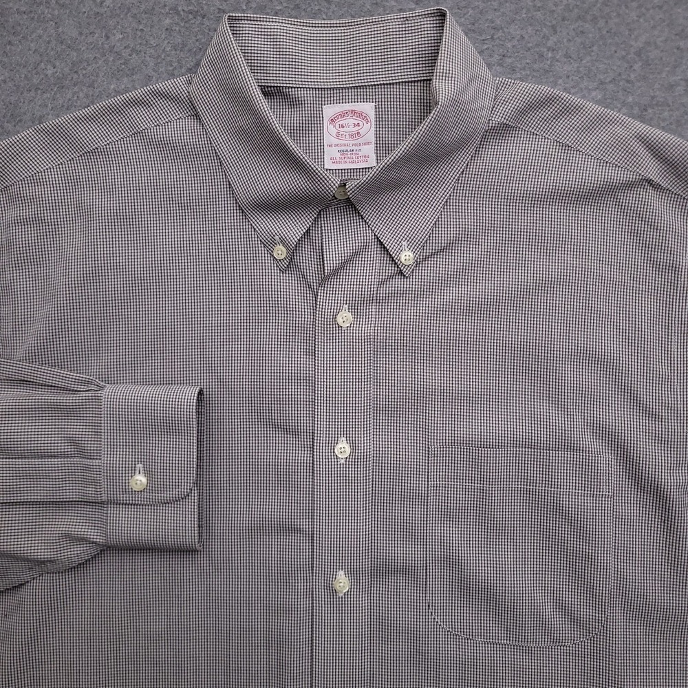 Brooks Brothers Dress Shirt Mens 16.5 34 Regular Fit Non Iron Gray Check Supima